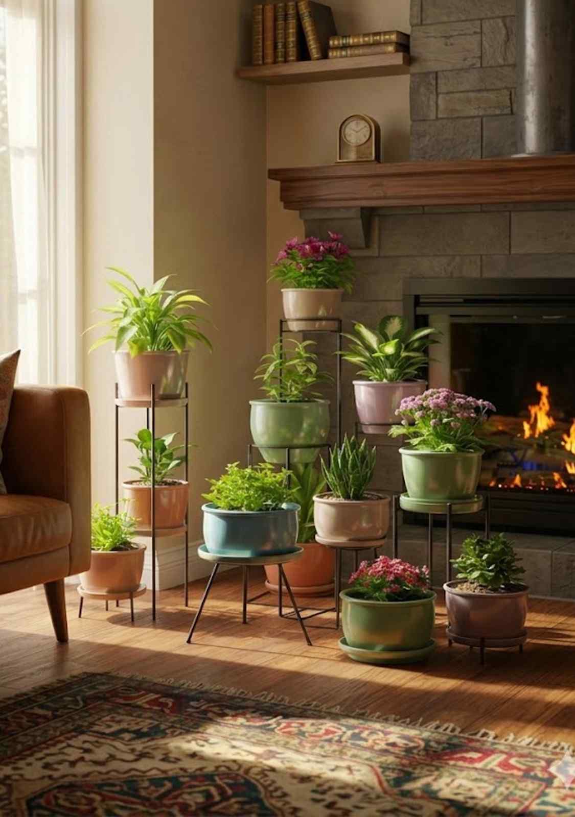Living room with plant stands