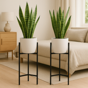 Verdure Pax Elegant 4-Leg Metal Plant Stand with White Pot – Balcony & Indoor Decorative Planter Holder
