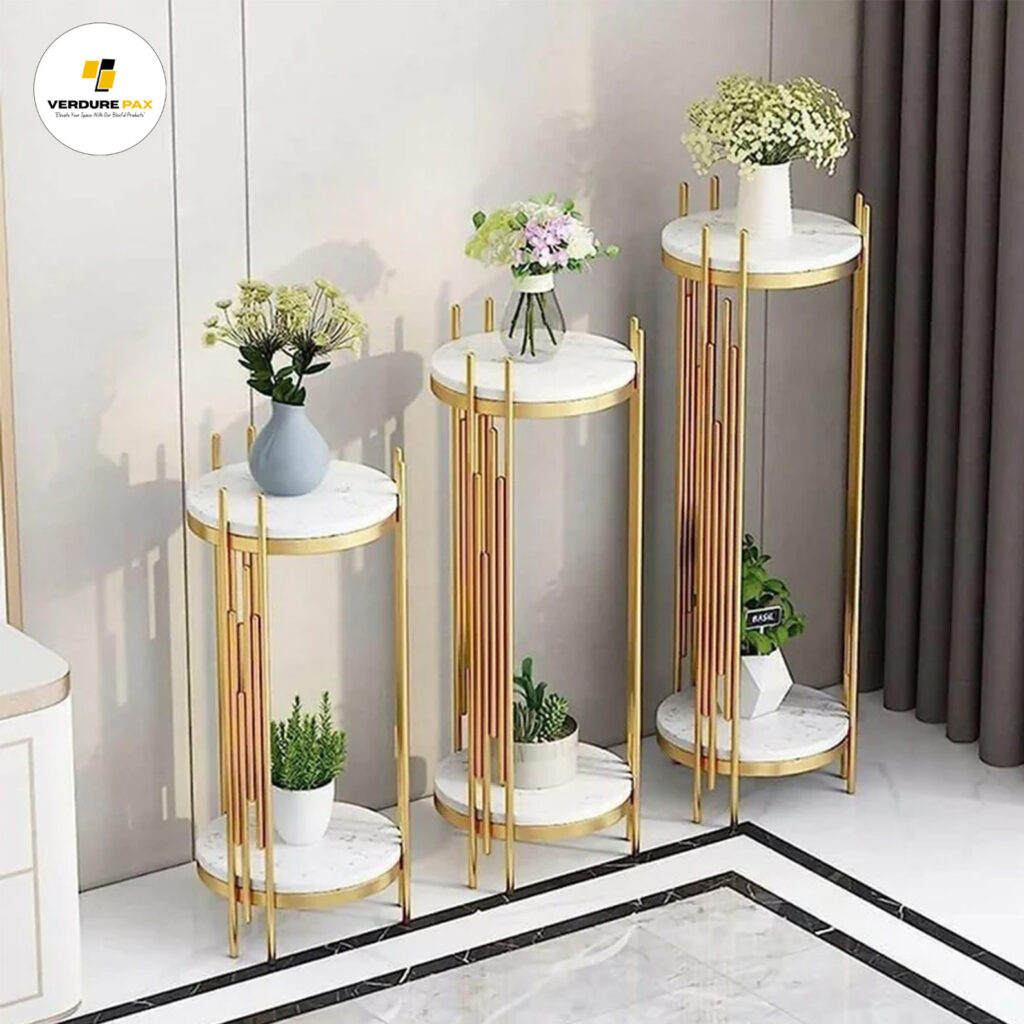 Verdure Pax Round 2-Tier Metal Plant Rack – Luxury Golden Marble Plant Stand