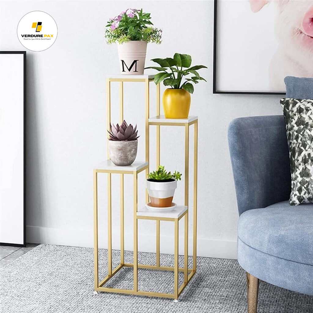 Verdure Pax Square Metal Table Plant Stand – Luxury Golden Marble Planter