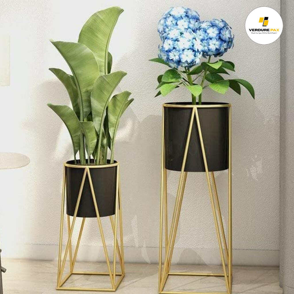 Verdure Pax Modern Metal Floor Plant Stand – Tall Planter for Garden, Balcony & Living Room (Gold/Black)