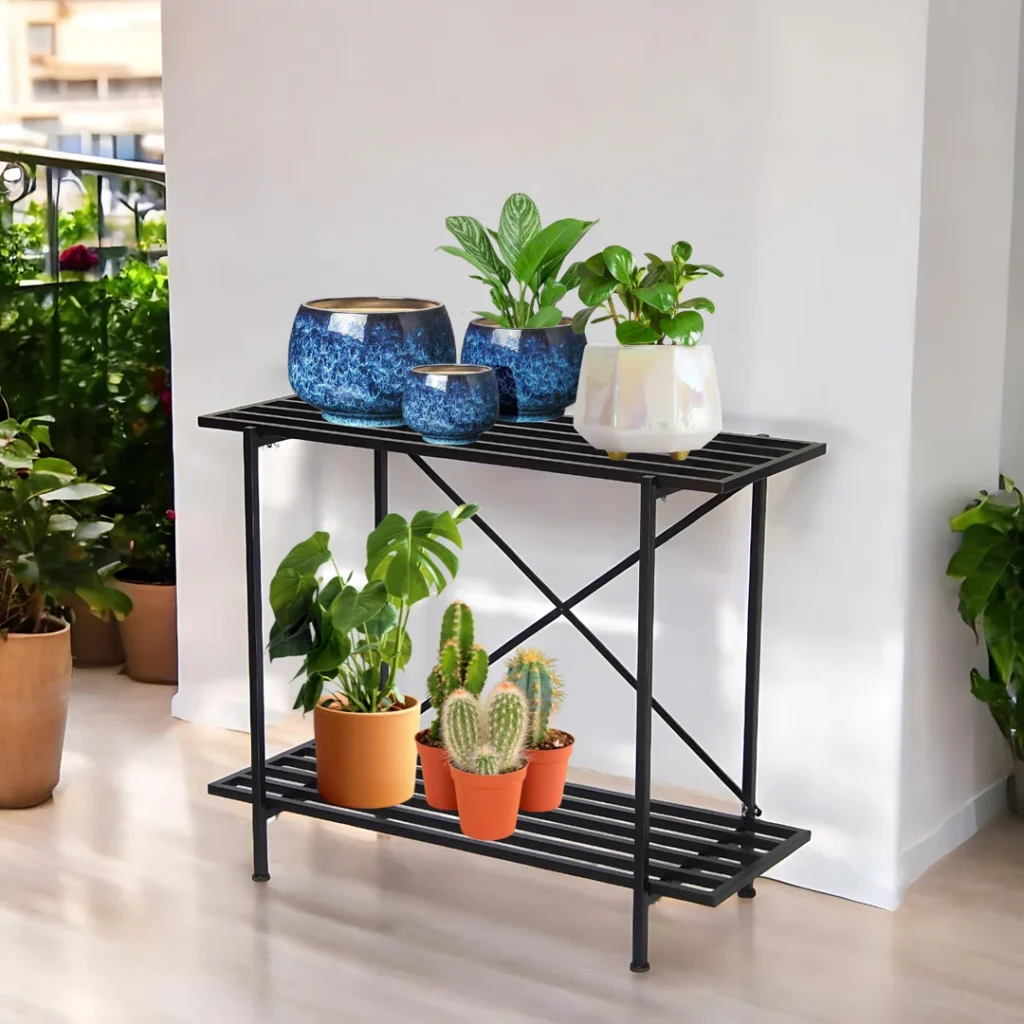 Verdure Pax Two-Tier Metal Plant Stand for Indoor & Outdoor Use | Modern Flower Pot Rack for Balcony, Living Room & Garden Décor