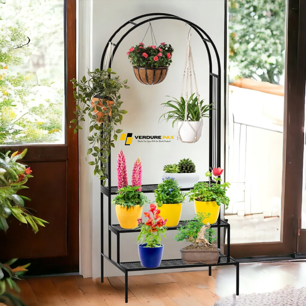 Verdure Pax Heavy-Duty Arch-Type Multi-Planter Metal Stand – With Planter Flag Hanger
