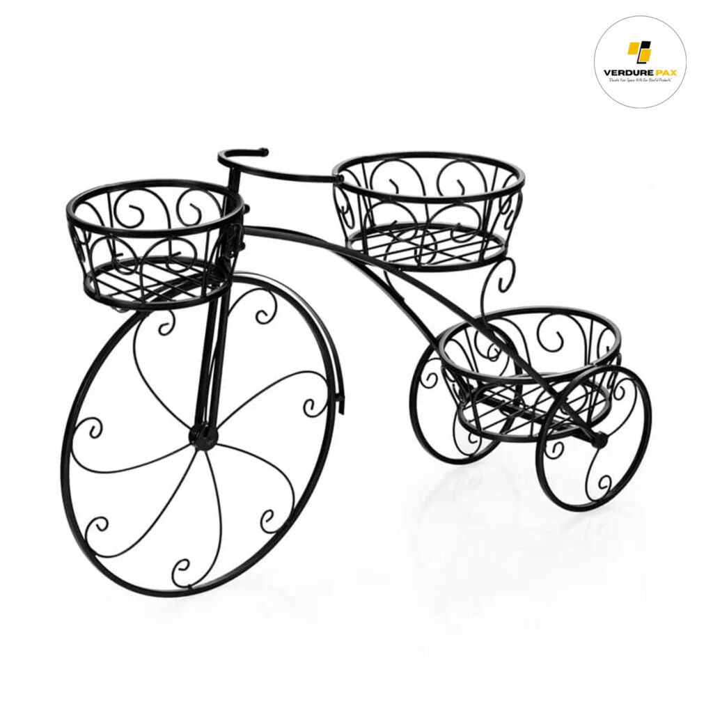 Verdure Pax Tricycle Metal Plant Stand – Black Flower Pot Cart for Home & Garden