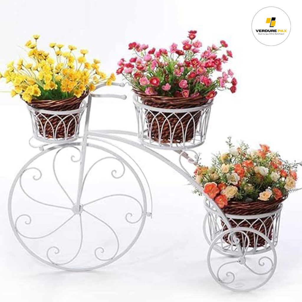 Verdure Pax Tricycle Metal Plant Stand – White Flower Pot Cart for Home & Garden