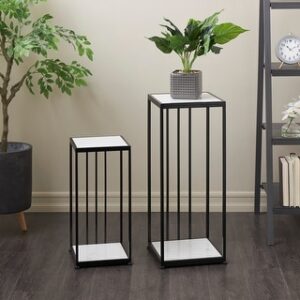 Verdure Pax Modern Metal Plant Stand Set with White Shelves – Tall & Short Indoor Display Stands