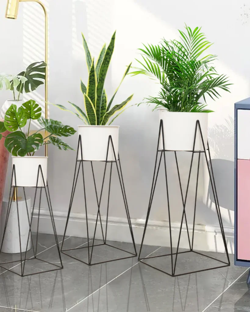 Verdure Pax Set of 3 Modern Metal Plant Stands with White Pots | Geometric Indoor Flower Pot Holders for Home & Balcony Decor