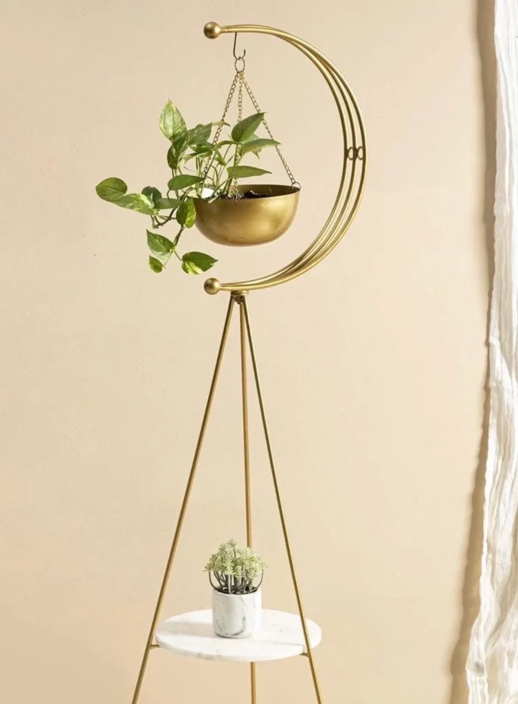 Verdure Pax Golden Moon-Shaped Metal Plant Stand | Hanging Planter with Decorative Shelf for Indoor & Living Room Decor