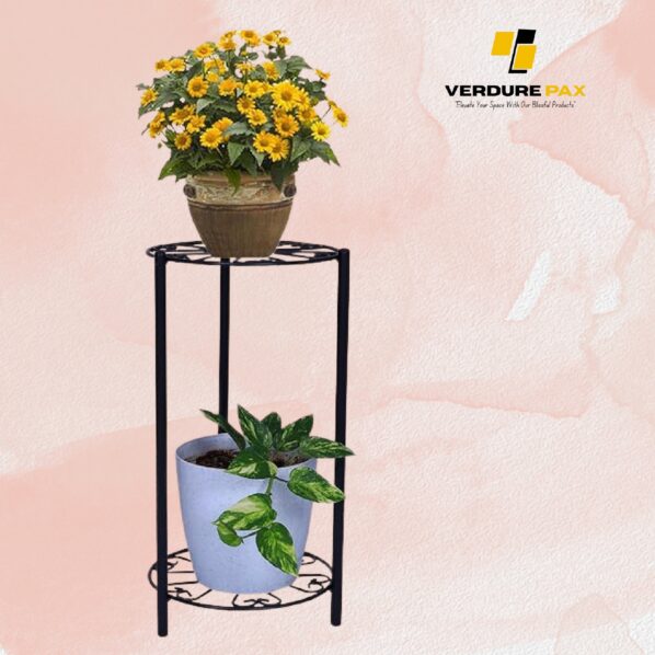 Verdure Pax 2-Tier Iron Tulsi Plant Stand For Home Entrance | Flower Pot Holder For Balcony And Garden Décor | Water Dispenser Stand | Round Design, Black - Image 3