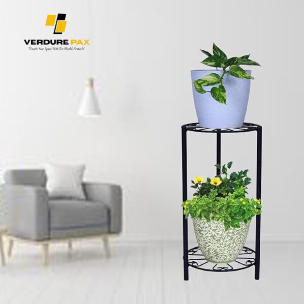 Verdure Pax 2-Tier Iron Tulsi Plant Stand For Home Entrance | Flower Pot Holder For Balcony And Garden Décor | Water Dispenser Stand | Round Design, Black - Image 4