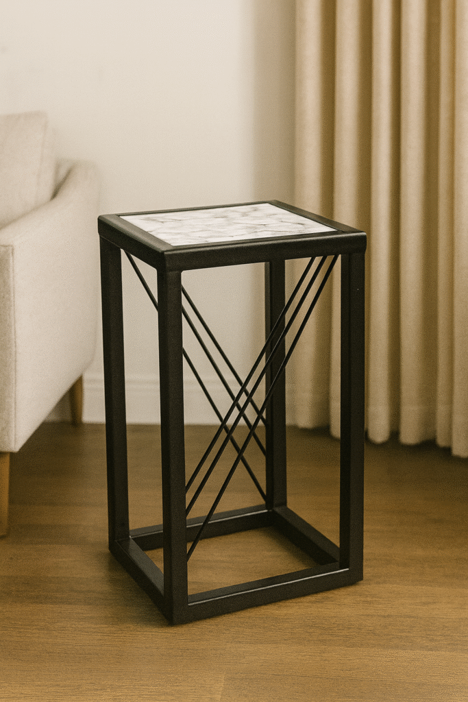 Verdure Pax Black Metal Plant Stand with White Quartz Marble Top | Premium Decorative Flower Pot Holder for Indoor & Balcony Decor